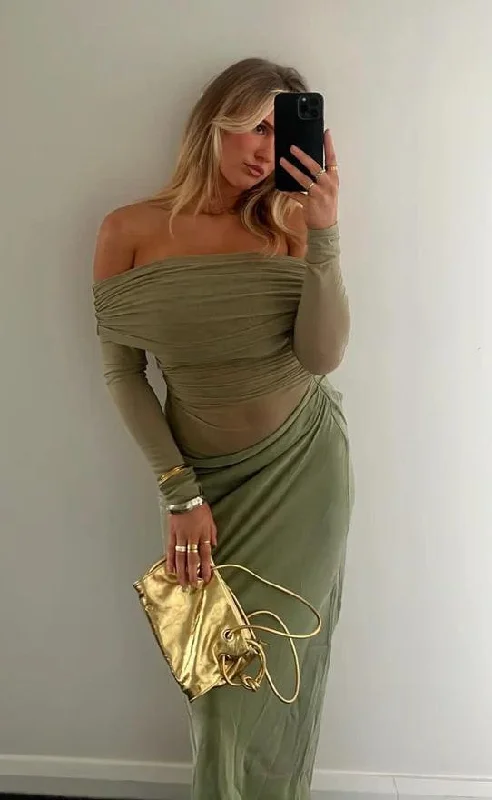 Yasmin Off-Shoulder Maxi Dress (Green) Chic Summer Maxi Dress