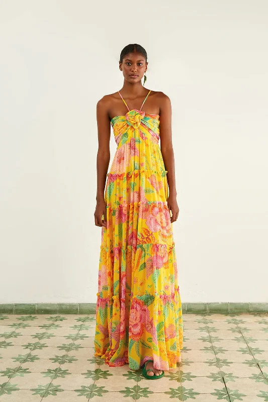 Yellow Macaw Bloom Maxi Dress Comfortable Ruffle Maxi Dress