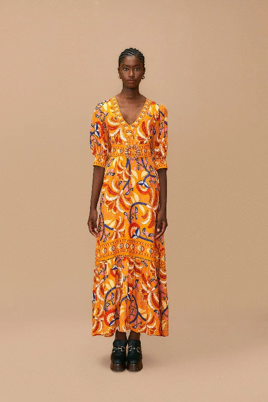 Yellow Palms Party Short Sleeve Maxi Dress Fashionable High-Low Maxi Dress