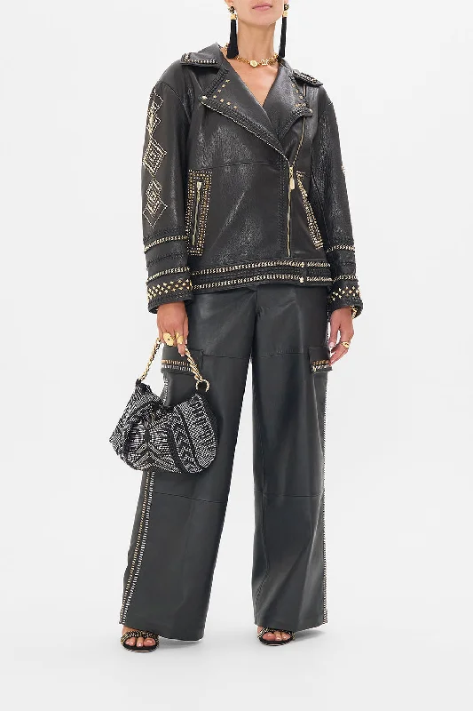 OVERSIZED LEATHER BIKER JACKET THEY CALLED HER NEFERTARI A-Line Jacket Boat Neck Shawl Collar