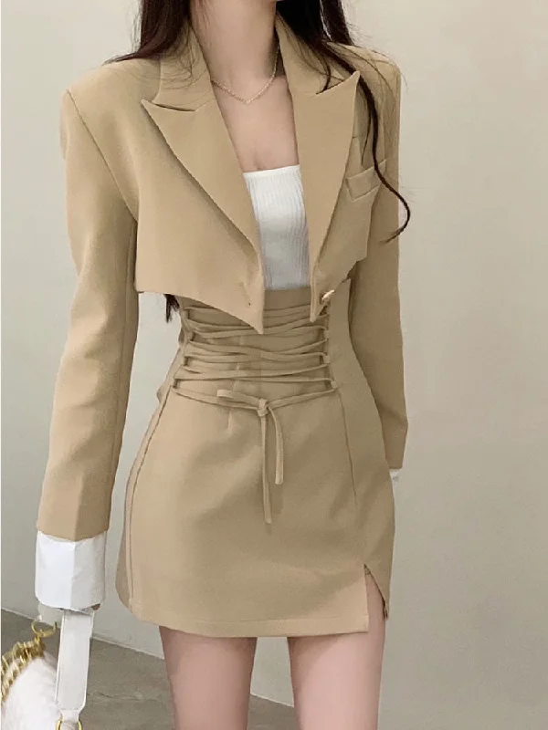 Getadme-2 Piece Dress Set Women Casual Y2k Crop Tops Elegant Jacket Coats + Mini Skirts Korean Fashion Suits Autumn Blazers Dress Mesh Jacket Canvas Jacket Denim Jacket