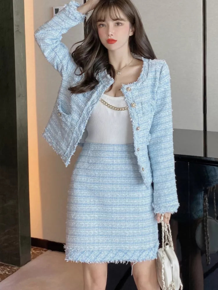 Getadme- New Autumn Winter Vintage Tweed Two Piece Set Women Woolen Short Jacket Coat + Skirts Sets Small Fragrance 2 Piece Suits Print Jacket Jacquard Jacket Embroidered Jacket