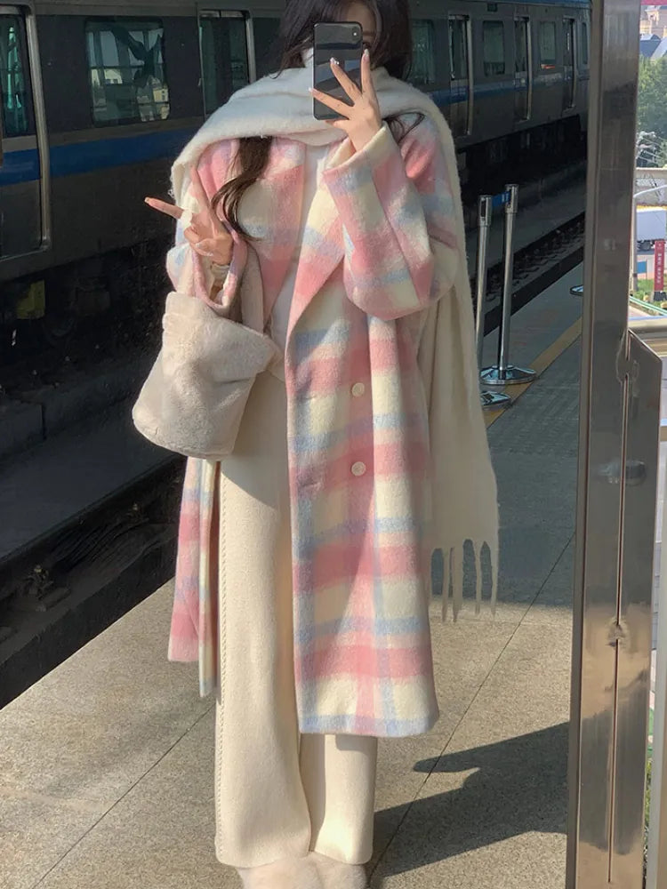 Winter Rainbow Woollen Coats Women Casual Warm Loose Plaid Long Coats Female Korean Fashion Office Lady Trench Jackets Y2k Appliqued Jacket Beaded Jacket Sequined Jacket