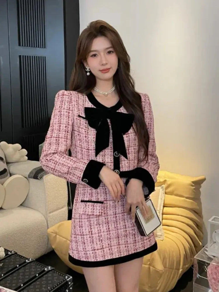 Getadme-Autumn winter Small Fragrance Tweed Two Piece Set Women Short Jacket Coat + Skirt Suits Korean 2 Piece Sets Women Outfit Zippered Front Buttoned Front Snap Front