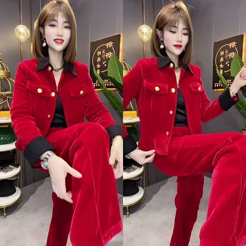 Getadme-Spring Autumn New Women Striped Corduroy Sets Long Sleeve Single Breasted Short jacket Coat And Straight Pants 2PCS Outfit Faux Fur Fabric Real Fur Fabric Shearling Fabric