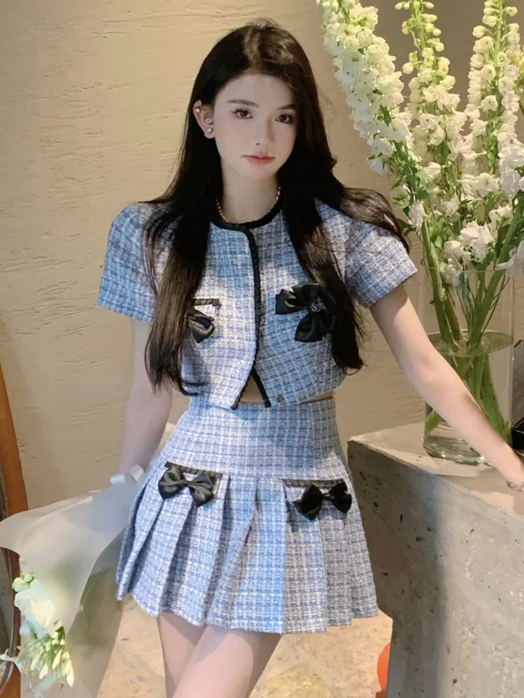 Getadme-Summer New Korean Sweet Fashion Two Piece Set Women Jacket Coat + Pleated Skirt Small Fragrance 2 Piece Sets Women Outfit Oversized Jacket Tailored Jacket Straight Jacket