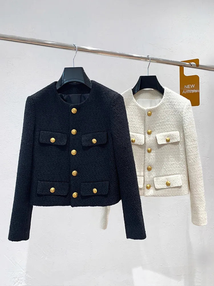 Getadme-Autumn Winter Small Fragrant Tweed Jacket Coat Women Vintage Woolen Short Coats Streetwear Elegant Casual Slim Outwear Crop Top Fleece Jacket Down Jacket Feather Jacket