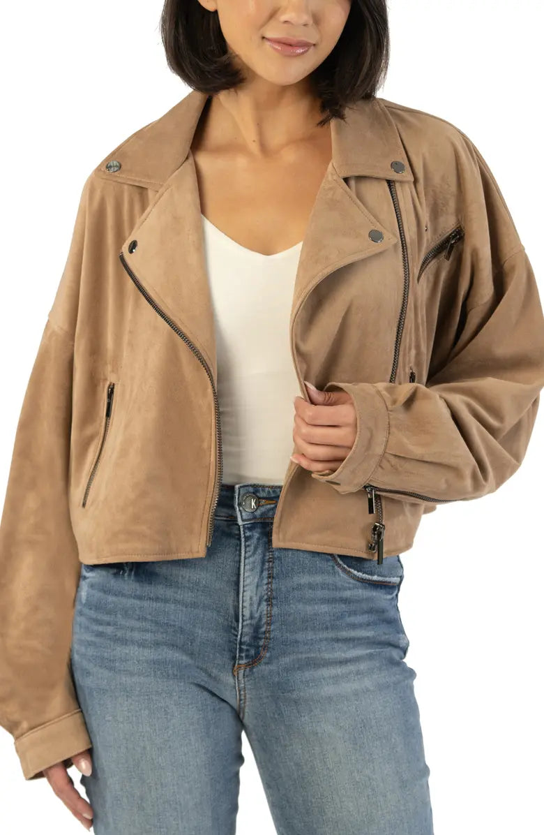 Bessie Relaxed Faux Suede Moto Jacket Front Pockets Side Pockets Patch Pockets