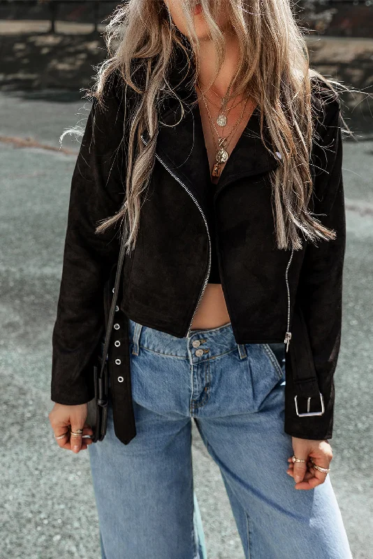 Black Asymmetric Zipper Belted Hem Jacket Satin Jacket Silk Jacket Chiffon Jacket