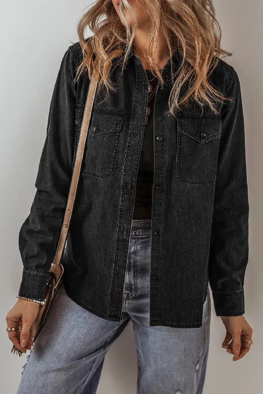 Black Flap Pocket Buttons Collared Jean Jacket Collared Jacket Crew Neck Jacket Turtle Neck Jacket