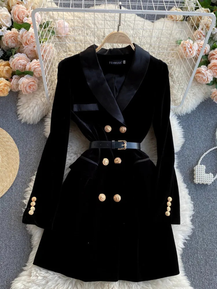 Getadme-Blazer Coat Women Velvet Suit Jacket Winter Double Breasted Long Sleeve Ladies Black Blazer Belt Women Slim Suit Blazer Outwear Front Pockets Side Pockets Patch Pockets