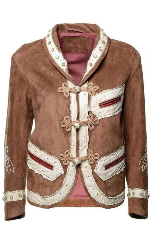 Brown Suede Embroidered Jacket Notch Collar Jacket Peter Pan Collar Jacket Cowl Neck Jacket