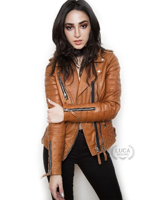 Womens Quilted Leather Motorcycle Jacket Brown Hooded Jacket Caped Jacket Shawl Collar Jacket