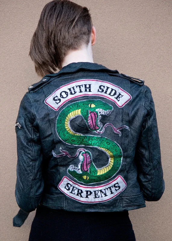 Womens Riverdale Southside Serpents Leather Motorcycle Jacket Black Front Pockets Side Pockets Patch Pockets