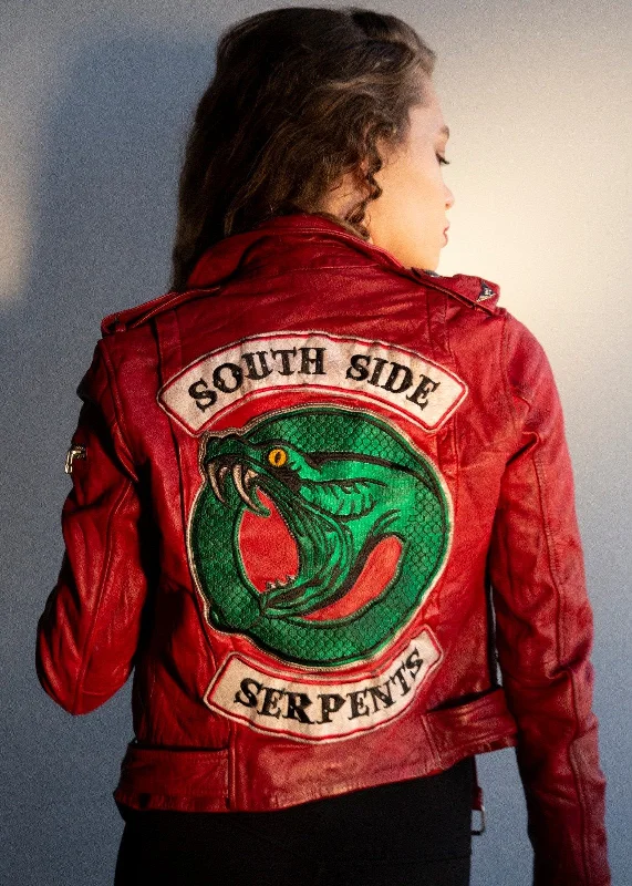 Womens Riverdale Southside Serpents Leather Motorcycle Jacket Red Anorak Shell Jacket Lightweight Jacket