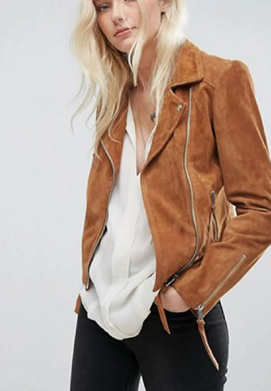 Women’s Tan Brown Suede Leather Biker Jacket Toggled Jacket Drawstring Jacket Belted Jacket