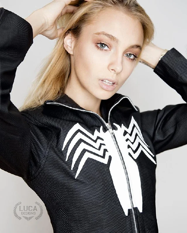 Womens Venom Logo Spiderman Neoprene Windbreaker Jacket Black Faux Fur Jacket Real Fur Jacket Shearling Jacket