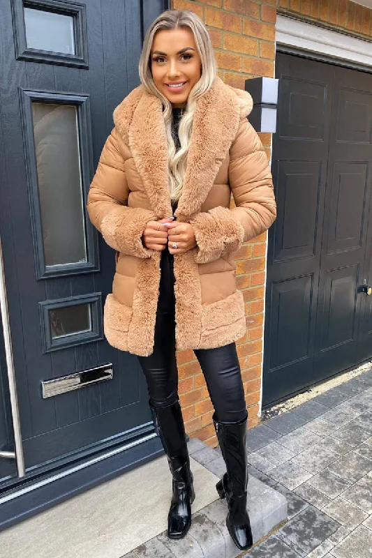 Camel Faux Fur Trim Belted Jacket Trench Coat Raincoat Waterproof Jacket