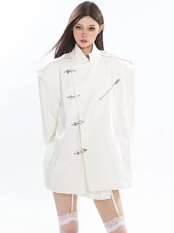 Ciara Fall Winter Solid Color Silver Reflective Long Sleeve Button Up Blazer Jacket Denim Jacket Leather Jacket Suede Jacket