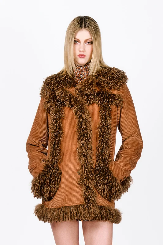 Corduroy Faux Fur Trimmed Jacket Stand-Up Collar Roll-Neck Collar Turtle Neck