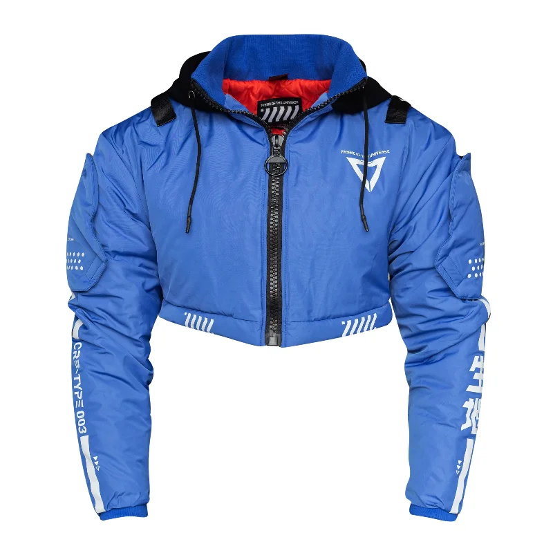 CRB-003 Blue Hood Crop Bomber Jacket Zip Front Button Front Snap Front