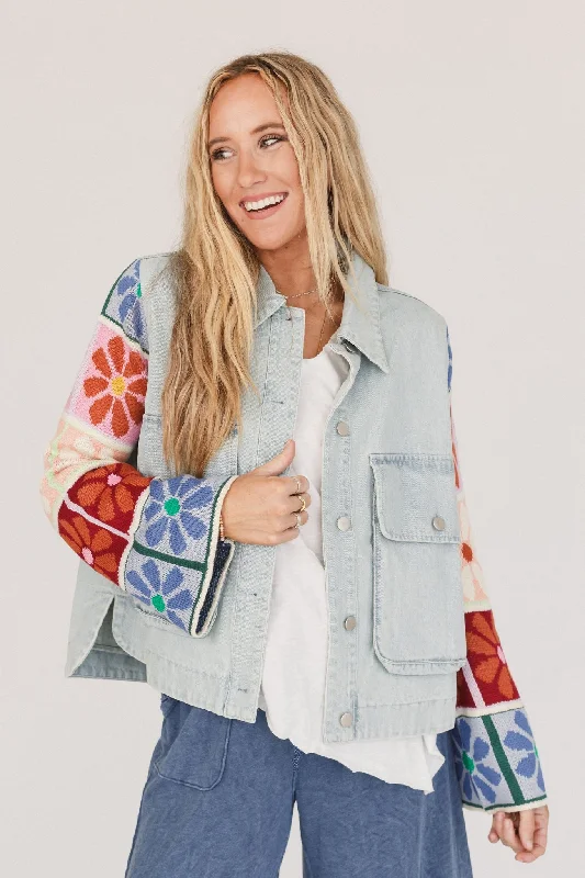 Dahlia Sweater Denim Jacket - Light Denim Satin Jacket Silk Jacket Chiffon Jacket