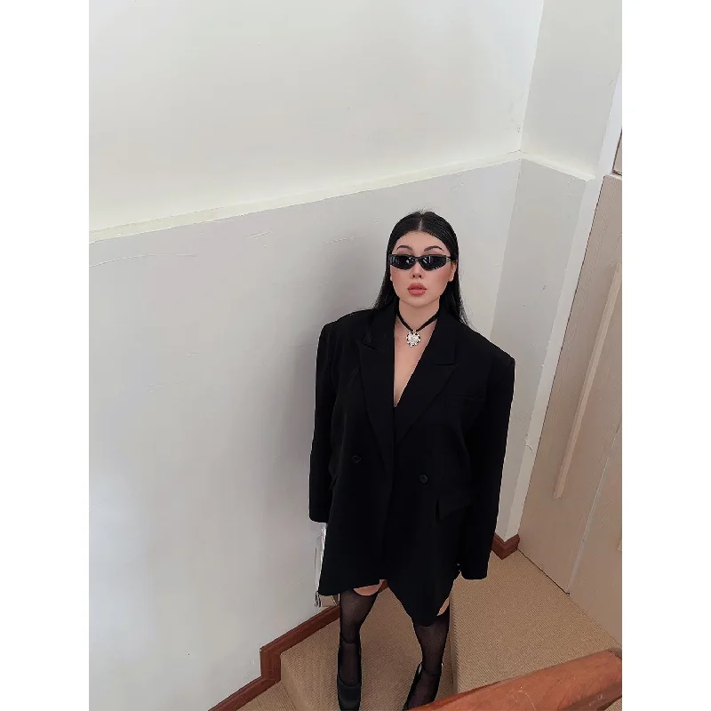 Danny Plus Size Solid Color Black Long Sleeve Button Blazer Jacket Welt Pockets Slit Pockets Flap Pockets