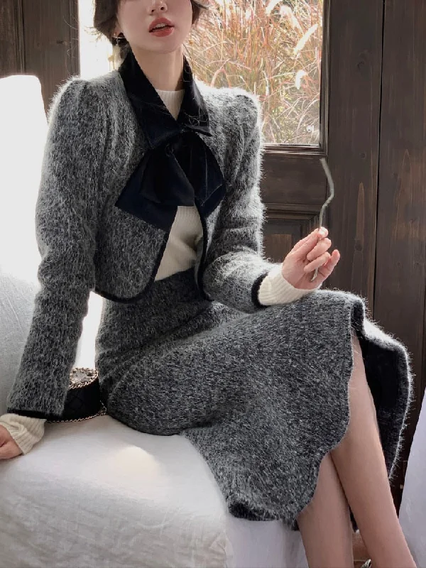 Getadme Elegant Blazers Suits Women Korea Fashion Casual Elegant Jacket Coats + Skrits 2 Piece Dress Set Female Y2k Clothing Winter Faux Fur Fabric Real Fur Fabric Shearling Fabric