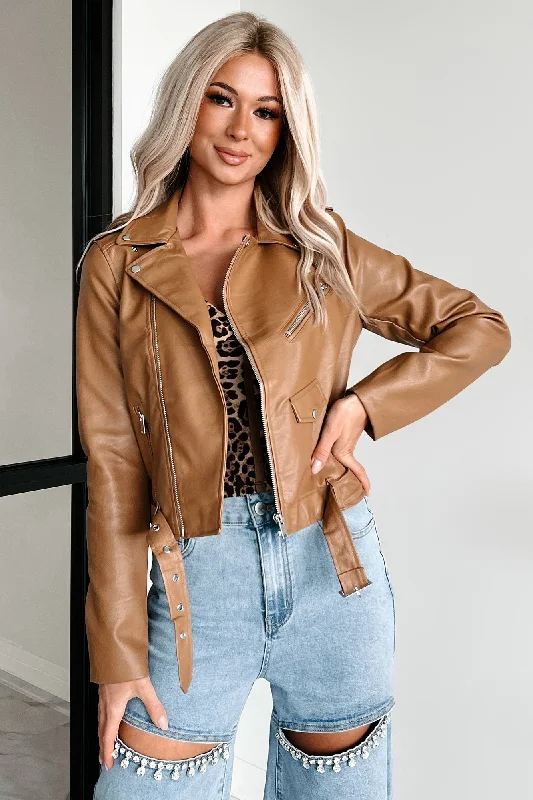 Engine's Running Faux Leather Moto Jacket (Camel) V-Neck Jacket Boat Neck Jacket Square Neck Jacket