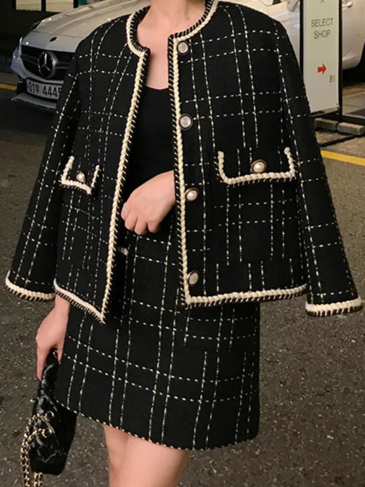 Getadme-European Style Autumn Winter 2 Piece Set Women Short Woolen Tweed Jacket Coat & Bodycon Mini Skirt Set Women Two Piece Outfits Fleece Jacket Down Jacket Feather Jacket
