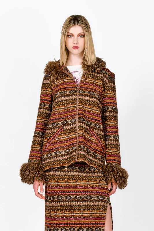 Fair Isle Fleece Faux Curly Lamb Trimmed Hooded Jacket Tailored Jacket Straight Jacket A-Line Jacket