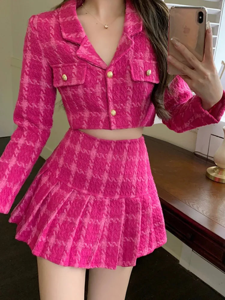 Getadme Fall Small Fragrance Vintage Tweed Two Piece Set Women Crop Top Woolen Short Jacket Coat + Mini Skirts Sets Sweet 2 Piece Suits Appliqued Jacket Beaded Jacket Sequined Jacket
