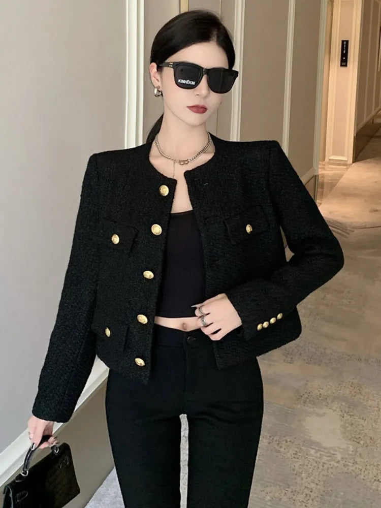 Getadme-Fall Winter French Vintage Small Fragrant Tweed Jacket Coat Women Elegant Casual Woolen Short Coats Streetwear Outwear Crop Top One-Shoulder Jacket Off-the-Shoulder Jacket Asymmetrical Jacket