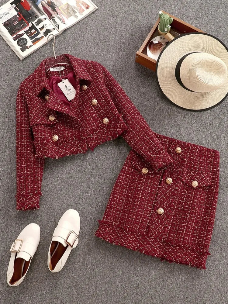 Getadme-Fall Winter Small Fragrance Vintage Tweed Two Piece Set Women Single-Breasted Woolen Short Jacket Coat + Mini Skirt 2 Piece Set Plaid Jacket Tartan Jacket Houndstooth Jacket