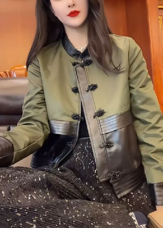 Fashion Green O-Neck Patchwork Button Leather Jacket Fall Faux Fur Jacket Real Fur Jacket Shearling Jacket
