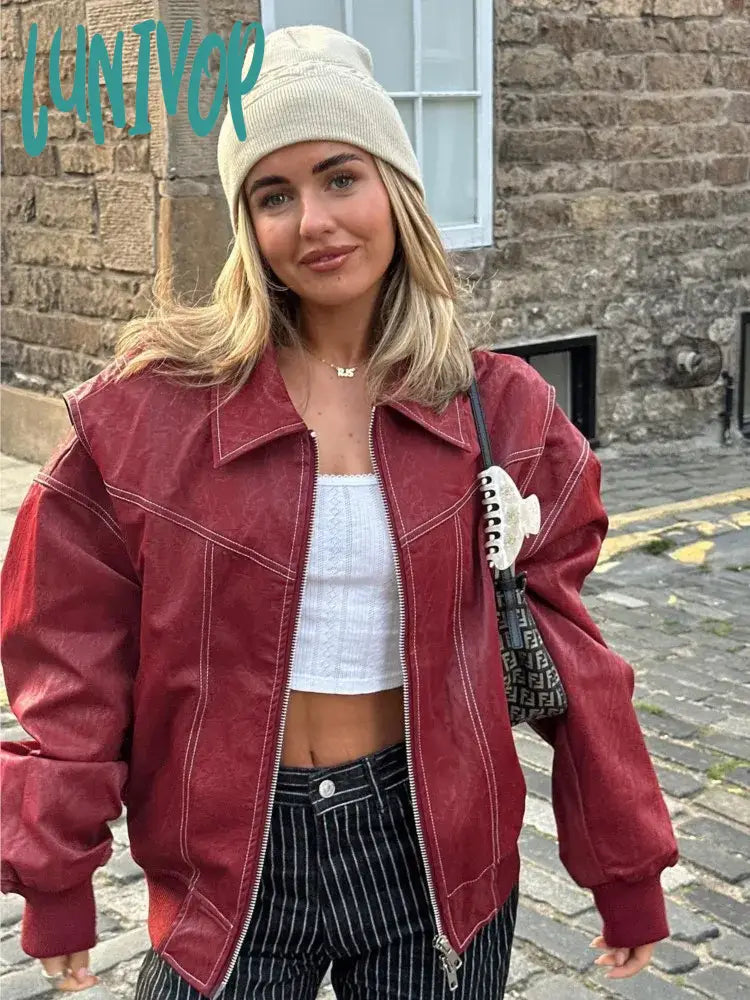 Lunivop Fashion Red Women Stitching Pu Leather Jackets Chic Lapel Long Sleeve Zippered Coats Autumn Female Pockets Street Jacket Denim Fabric Leather Fabric Suede Fabric