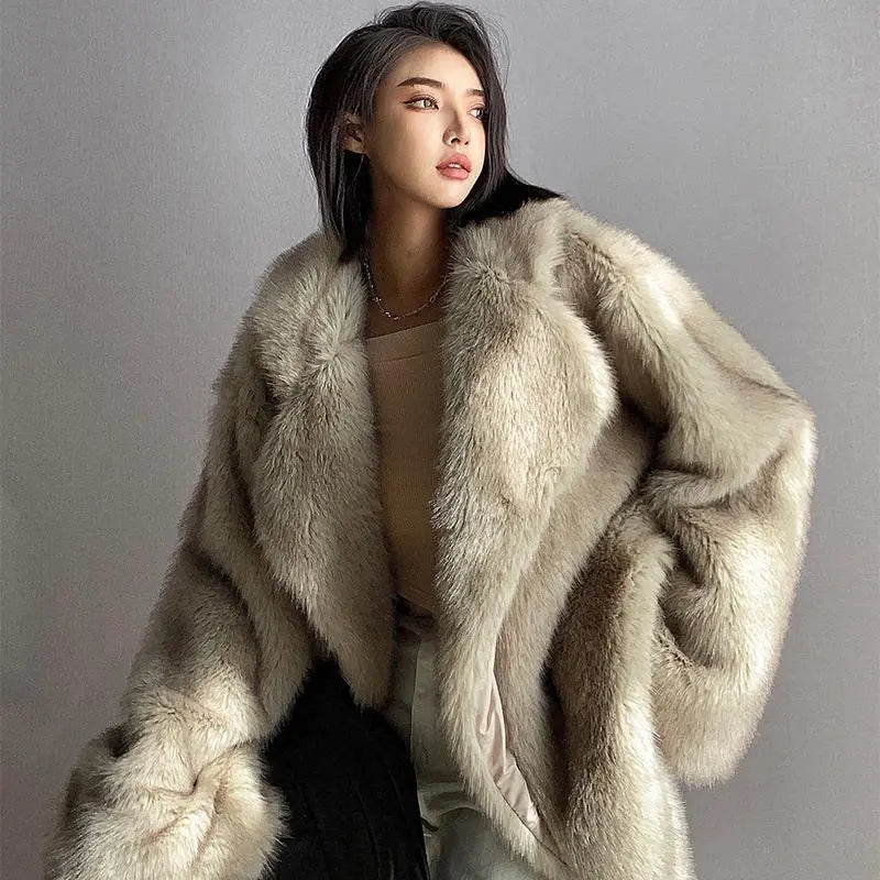 Getadme-Faux Fox Fur Coat Women New Winter Warm Cardigan Jacket Lambswool Mid-Length Lapel Loose Plush Coat Oversized Teddy Jacket Front Pockets Side Pockets Patch Pockets