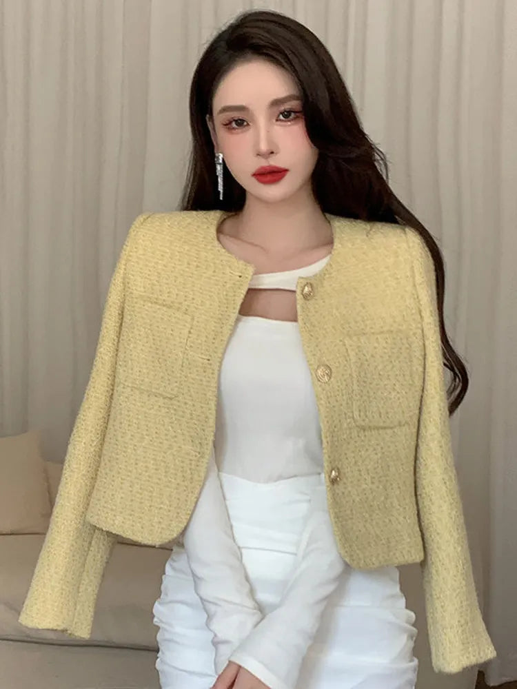 Getadme-French Chic Small Fragrance Coat Women Autumn Winter Korean Fashion Casual Slim Tweed Jacket Female Woolen Short Outerwear Top Striped Jacket Polka Dot Jacket Floral Jacket
