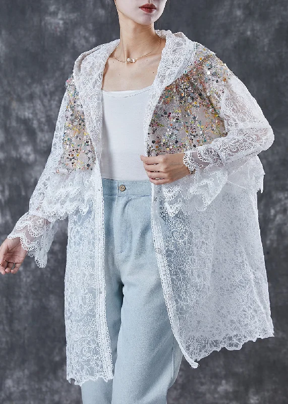 French White Sequins Hollow Out Lace Jackets Spring Collared Jacket Crew Neck Jacket Turtle Neck Jacket