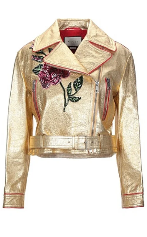 Gold Leather Short Biker Jacket Boat Neck Shawl Collar Notched Collar