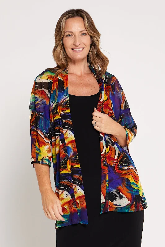 Haiti Mesh Jacket - Purple Orange Swirl A-Line Jacket Boat Neck Shawl Collar