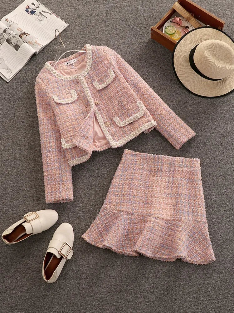 High Quality Fall Winter Plaid Tweed Skirt Two Piece Set Women Woolen Short Jacket Coat + Mermaid Skirt Suits Sweet 2 Piece Set Insulated Jacket Fitted Jacket Loose Jacket