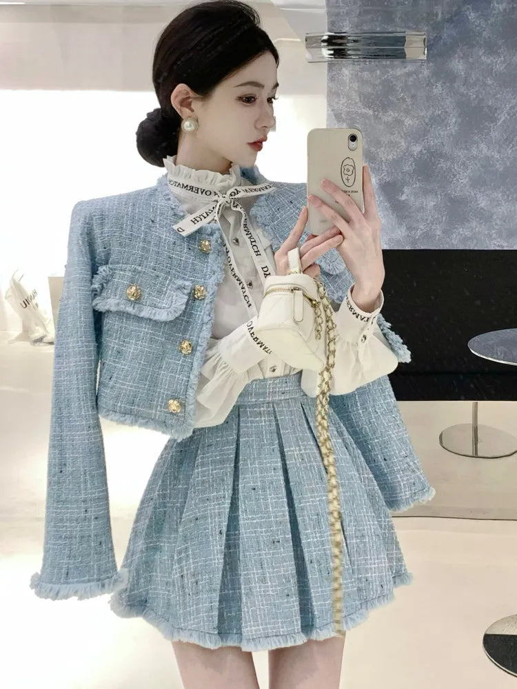 Getadme  High Quality Fashion Tassel Design Small Fragrance 2 Piece Sets Women Outfit Long Sleeve Short Jacket Coat + Pleated Skirt Suits Cotton Fabric Linen Fabric Terry Fabric