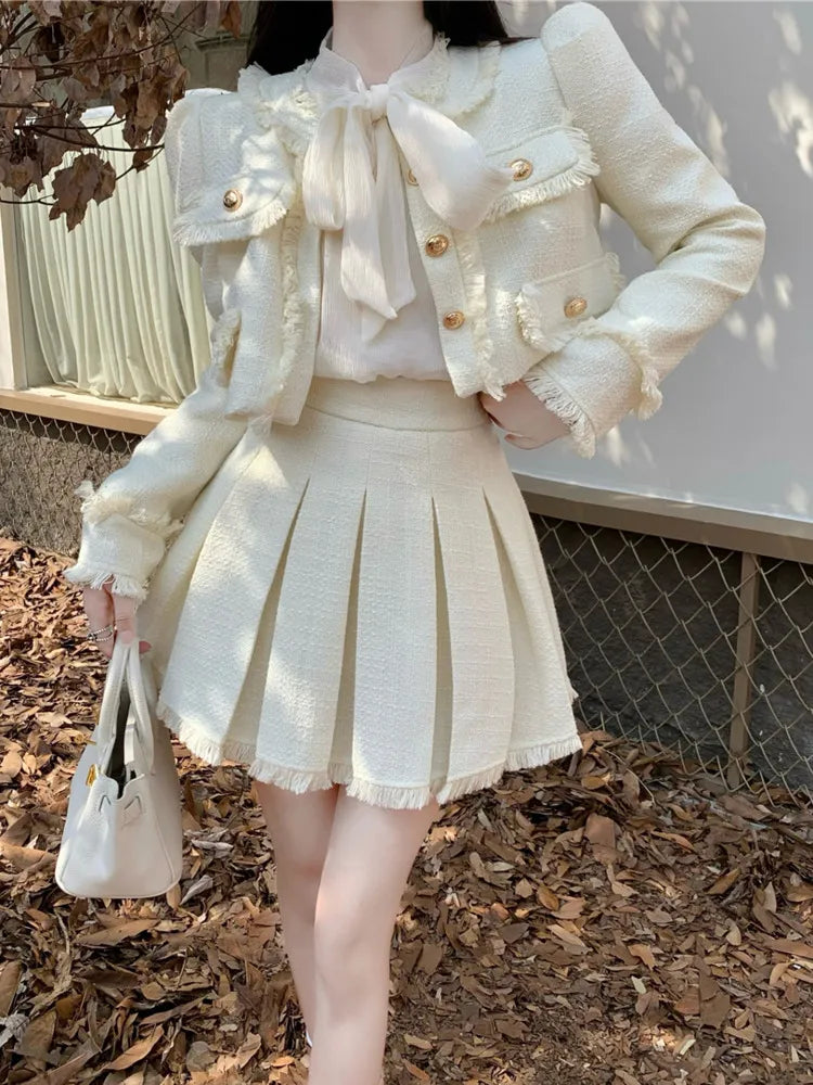 High Quality French Vintage Small Fragrance Two Piece Set Women Short Jacket Coat + Pleated Skirt Suits Luxury Brand 2 Piece Set Fleece Jacket Down Jacket Feather Jacket