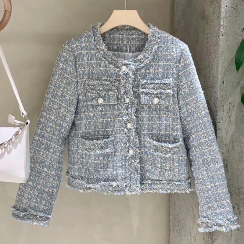 Getadme High Quality Korean Vintage Tweed Jacket Coat Women Autumn Single Breasted Plaid Tassel Slim Woolen Jackets Office Lady Outwear Jersey Jacket Tulle Jacket Batik Jacket