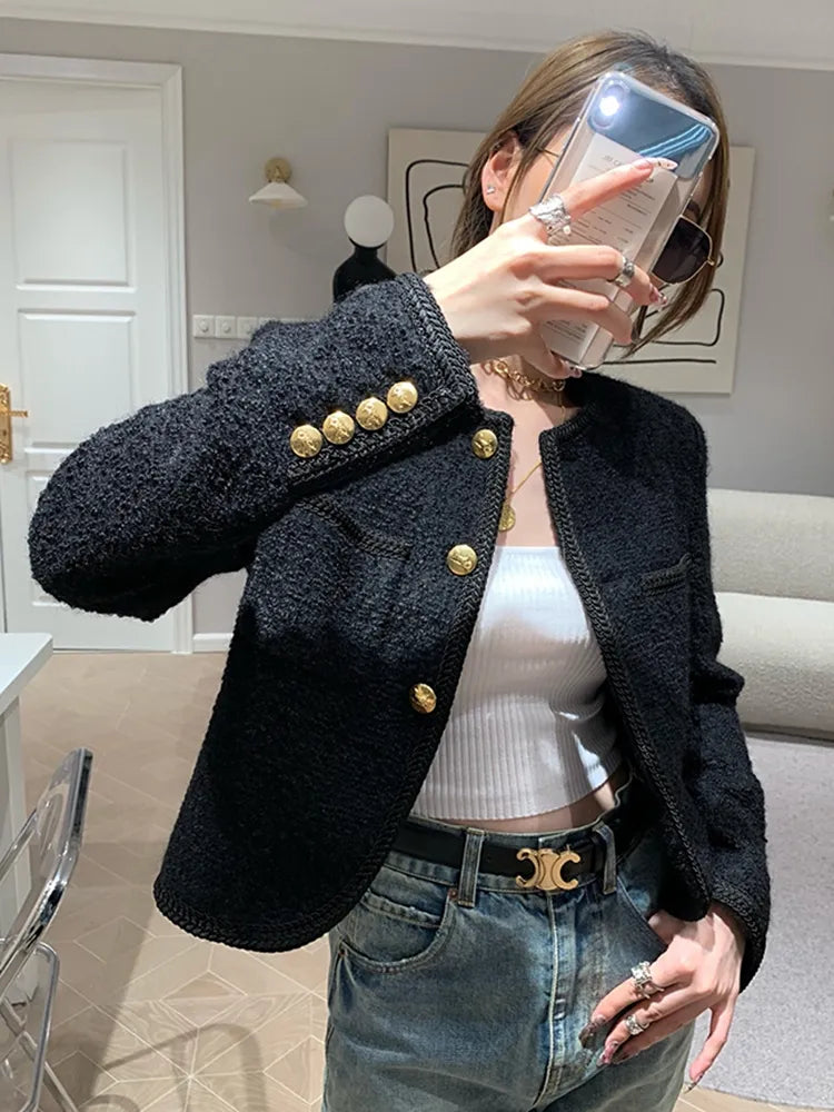 High Quality Luxury French Vintage Tweed Jacket Coat Women Autumn Winter Korean Chic Fried Street Woolen Coat Casaco Outwear Welt Pockets Slit Pockets Flap Pockets