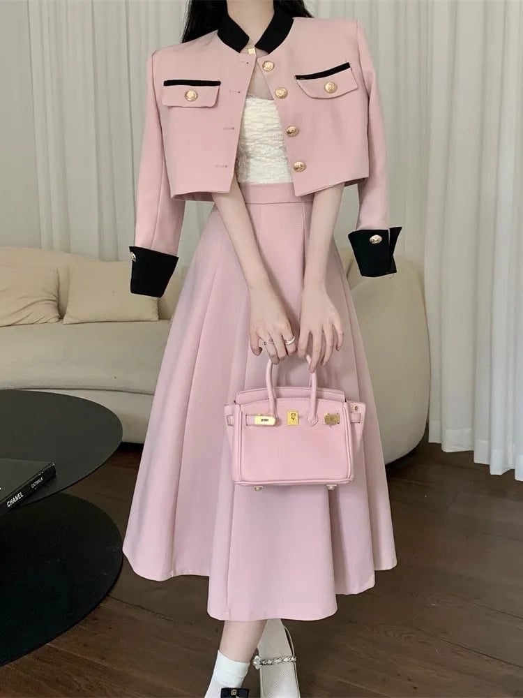 Getadme High Quality Small Fragrance Two Piece Set Women Short Jacket Coat + Long Skirt Suits Korean Elegant Fashion OL 2 Piece Sets Welt Pockets Slit Pockets Flap Pockets