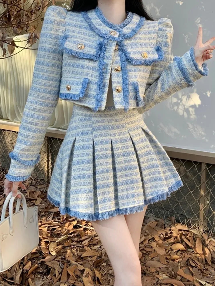 Getadme High Quality Tassel Small Fragrance Tweed 2 Piece Set Women Short Jacket Coat + Skirt Sets Korean Fashion Sweet Two Piece Suits Nylon Jacket Polyester Jacket Spandex Jacket