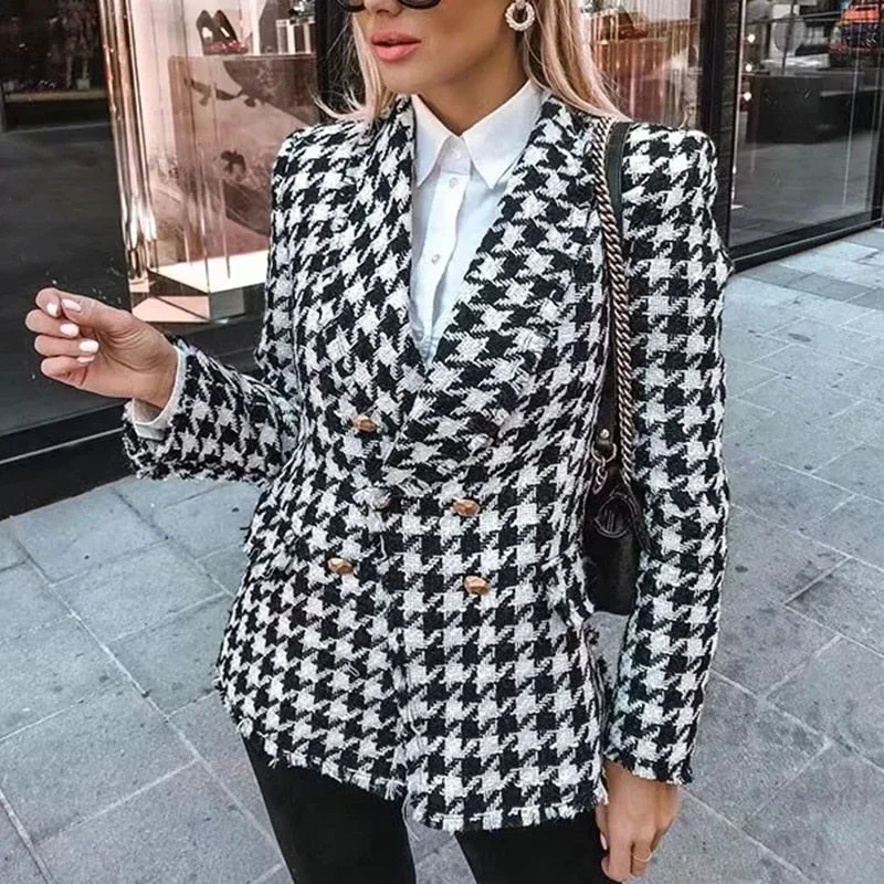Houndstooth jacket women autumn retro thick plaid jacket Elasticated Jacket Padded Jacket Insulated Jacket