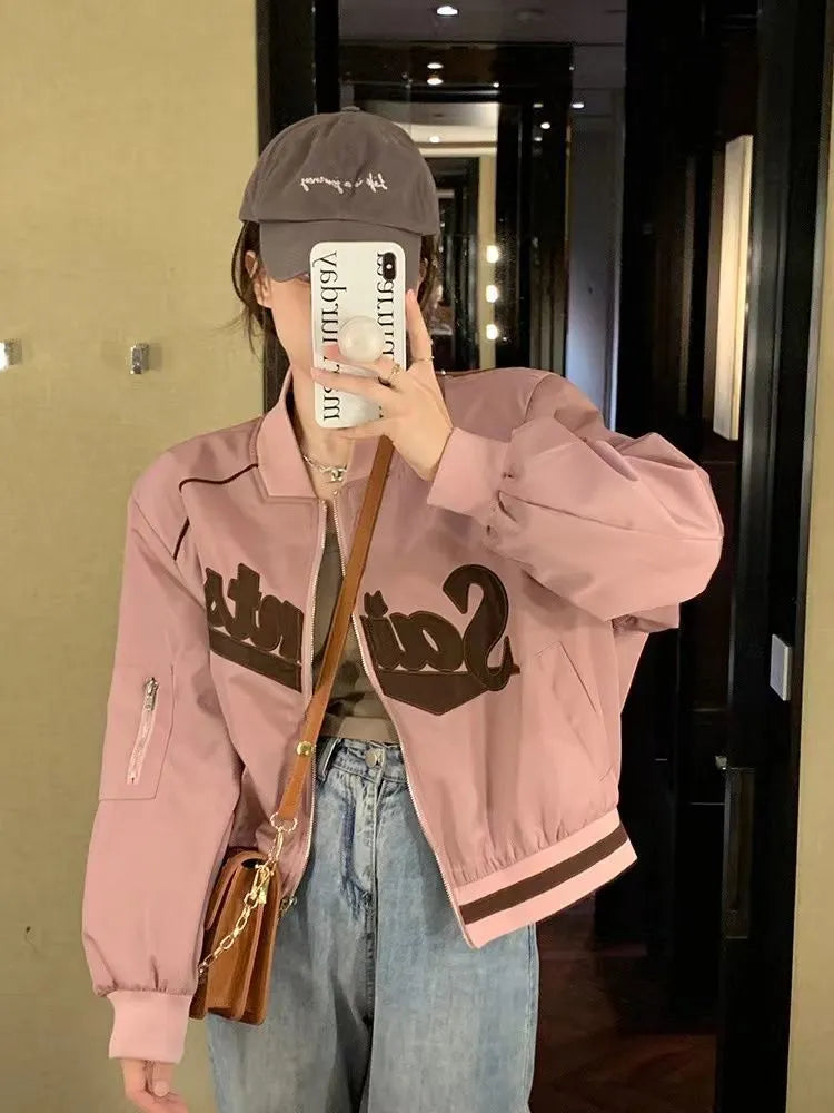 Getadme Cropped Bomber Jackets Women Hippie Korean Fashion Baseball Jacket Harajuku Vintage Letter Print Zip Up Coat Female Kpop Lace Jacket Ribbed Jacket Sequined Jacket